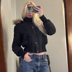 Garage Black Bomber Jacket with Fur Trim